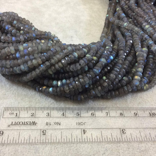 2-3mm x 4.5-5.5mm Faceted Labradorite Rondelle Shaped Beads w/ .5mm Holes - 10" Strand (~92 Beads) - High Quality Hand-Cut Indian Gemstone