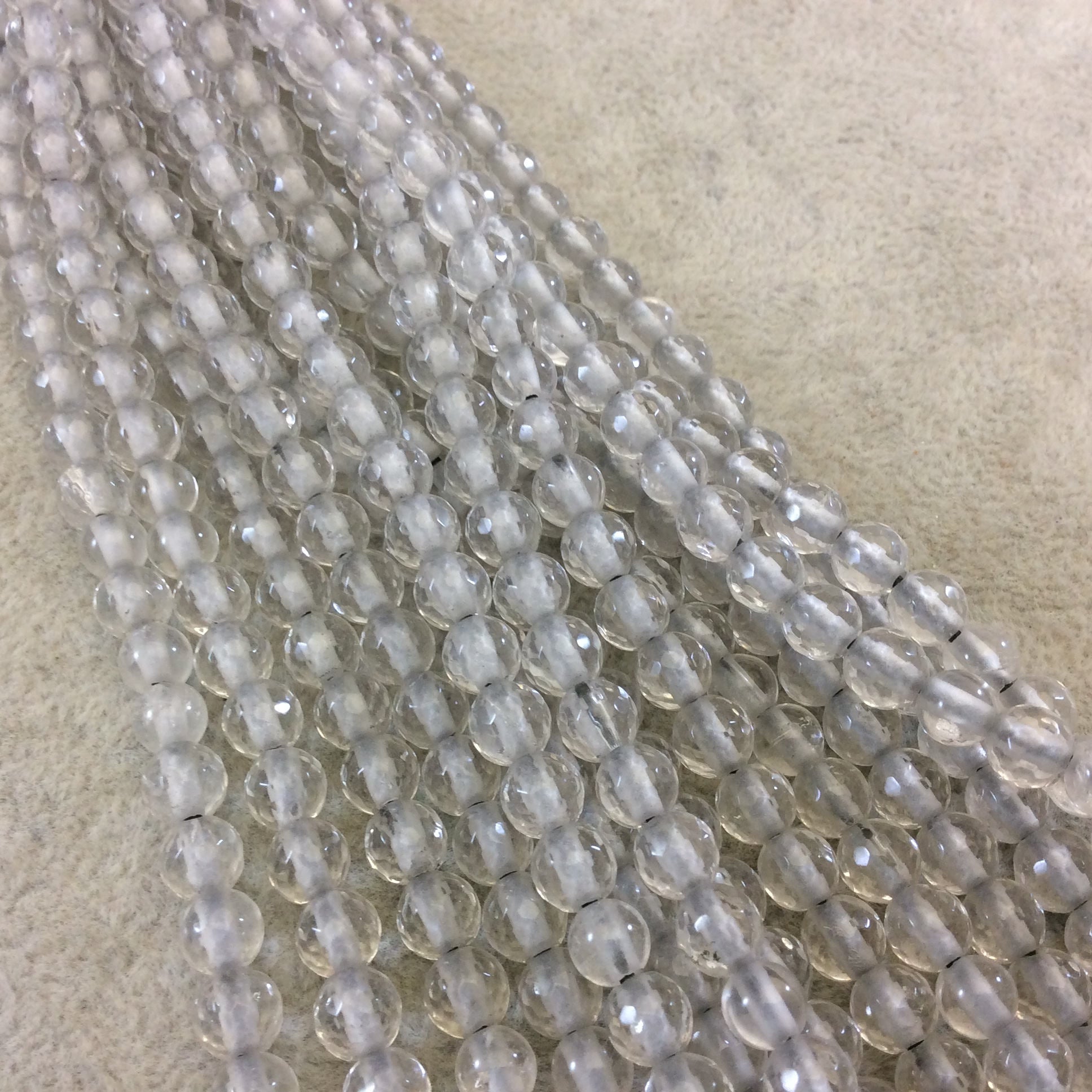 6mm Faceted Natural Clear Quartz Round/Ball Shaped Beads - Sold by 7.5" Strands, 1.5mm Holes (Approx. 32 Beads) - LARGE HOLE BEADS!