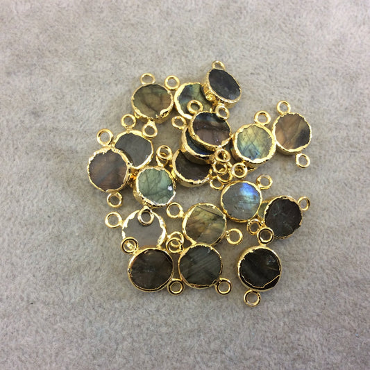 Single Gold Electroplated Iridescent Labradorite Horizontal Smooth Round/Coin Shaped Connector - Two Sizes Available! Randomly Selected