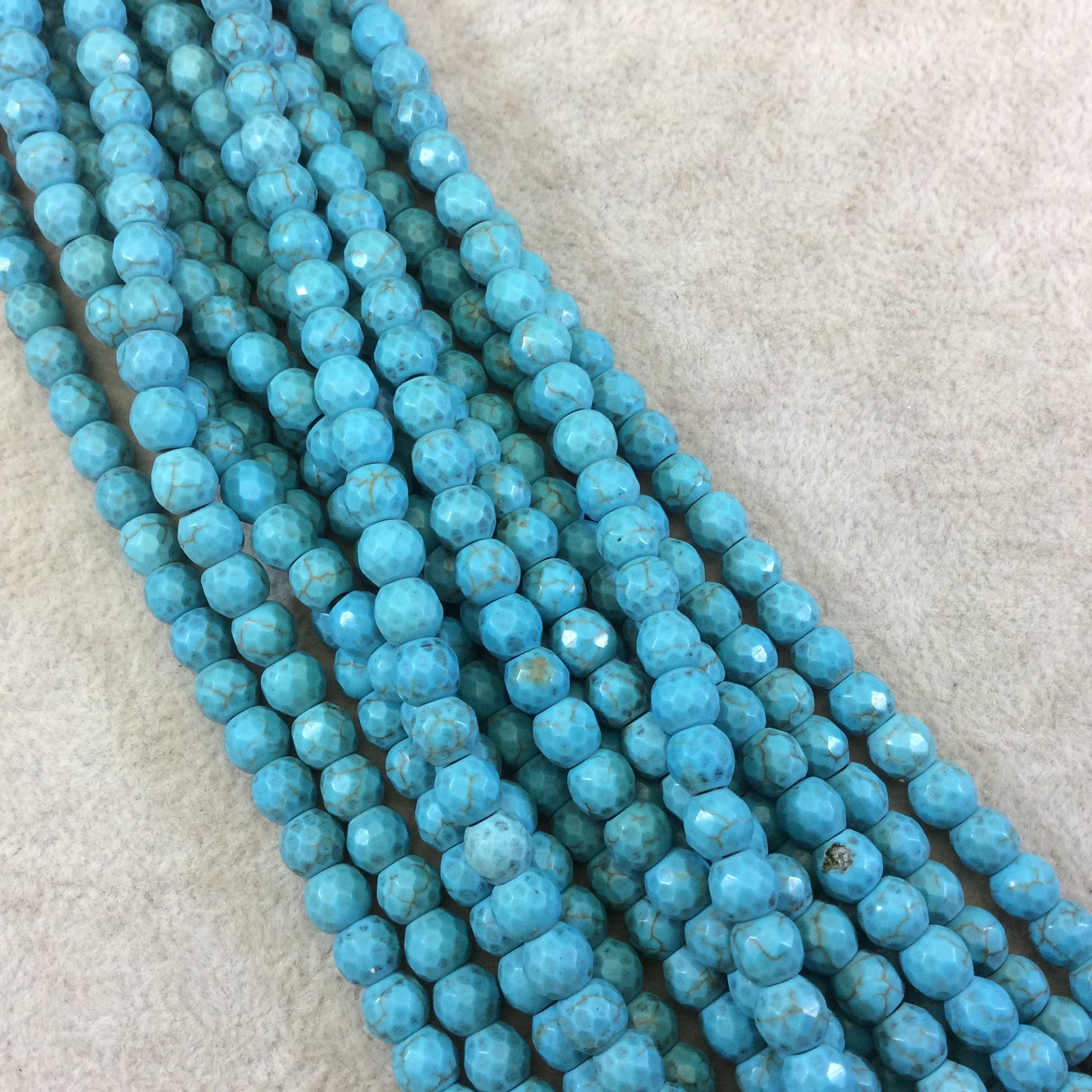 6mm  Dyed Faceted Turquoise Howlite Smooth Round/Ball Shaped Beads with 1.5mm Holes - 7.5" Strand (Approx. 37 Beads) - LARGE HOLE BEADS