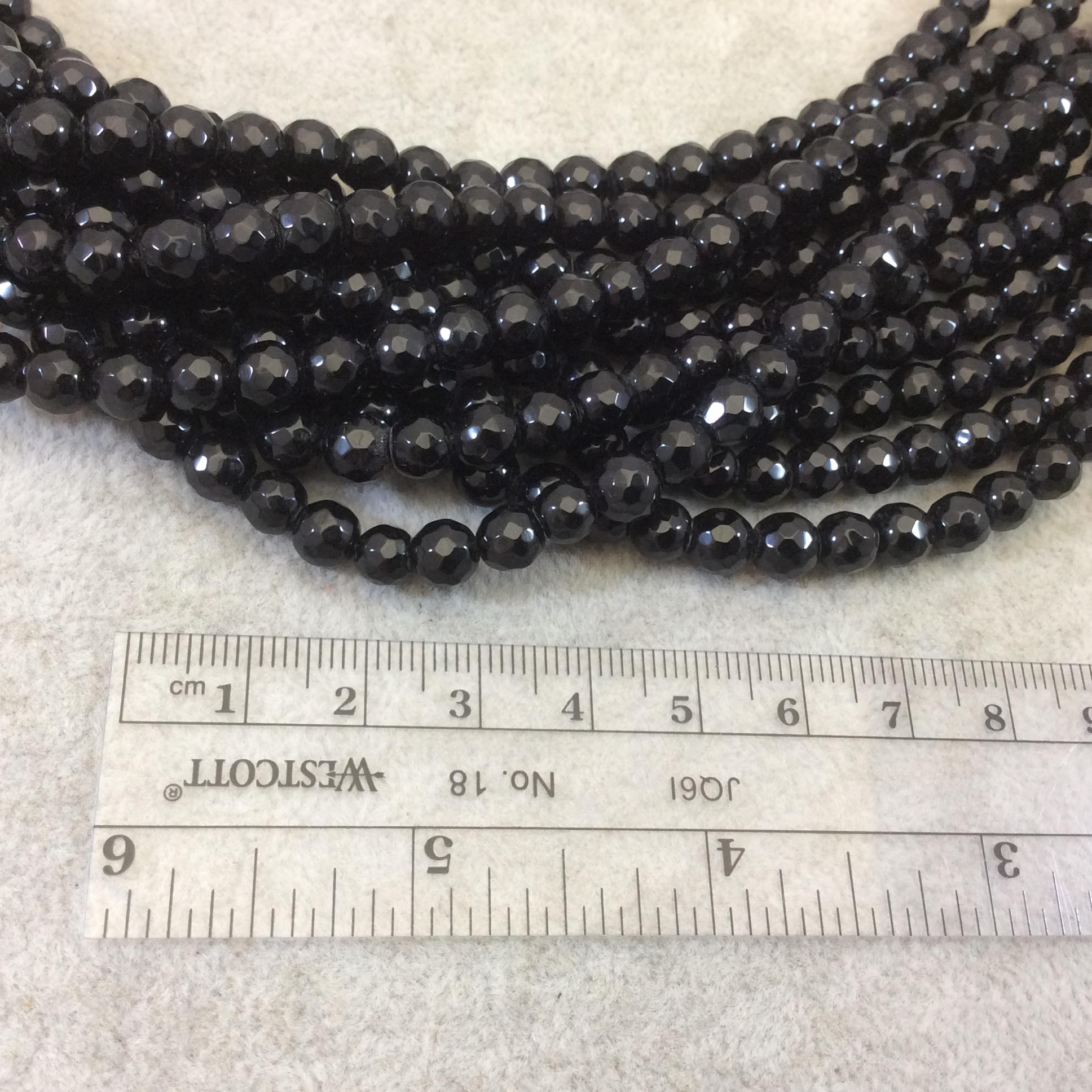 6mm Natural Black Agate Faceted Glossy Round/Ball Shaped Beads With 1.5mm Holes - 7.25" Strand (Approx. 33 Beads) - LARGE HOLE BEADS