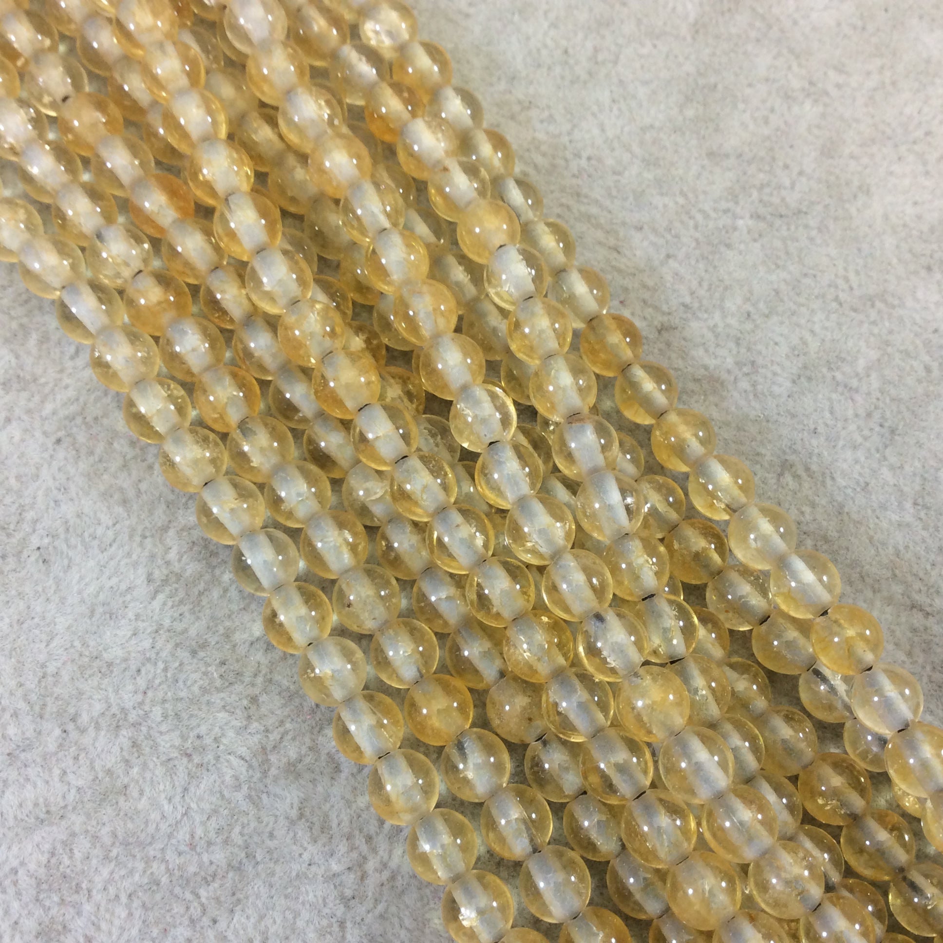 6mm Natural Yellow Citrine Smooth Glossy Round/Ball Shaped Beads With 2mm Holes - 7.5" Strand (Approx. 32 Beads) - LARGE HOLE BEADS