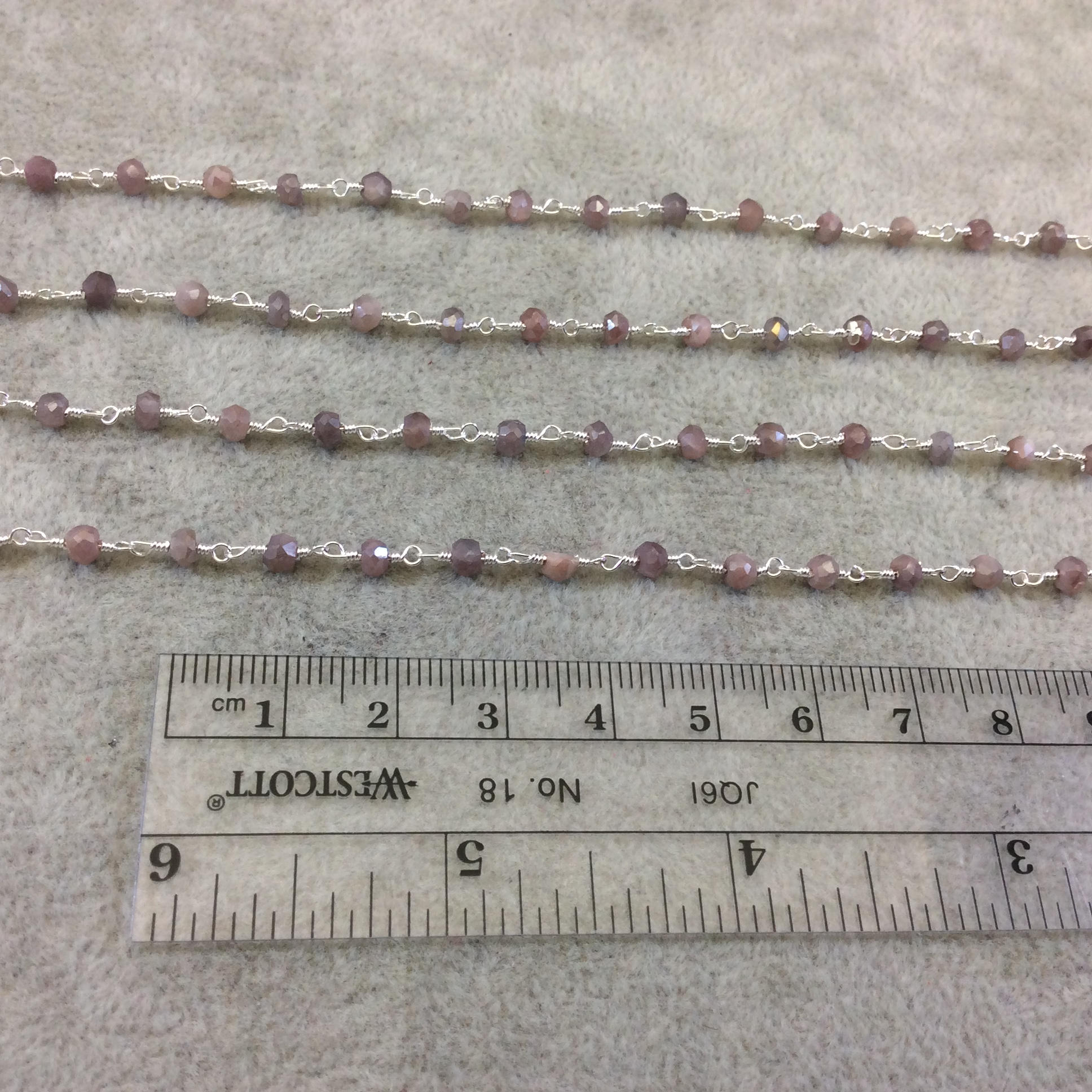 Silver Plated Copper Rosary Chain with Faceted 3-4mm Rondelle Shaped Mystic Coated Pink/Mauve Moonstone Beads - Sold Per Ft - CH144-SV