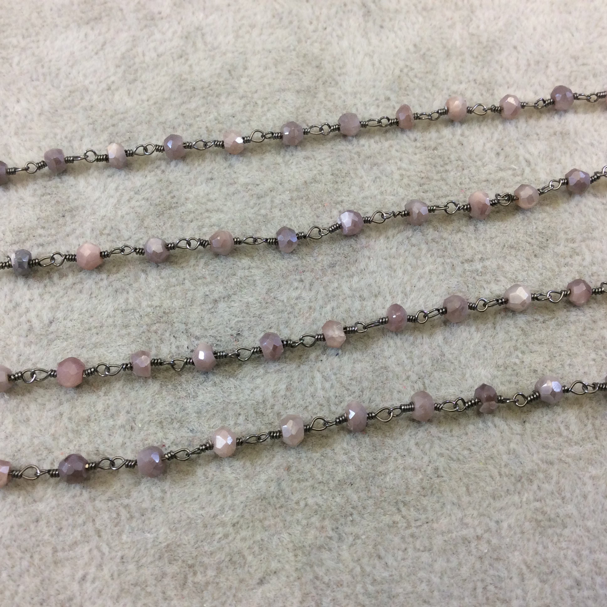 Gunmetal Plated Copper Rosary Chain with Faceted 3-4mm Rondelle Shaped Mystic Coated Pink/Mauve Moonstone Beads - Sold Per Ft - CH144-GM