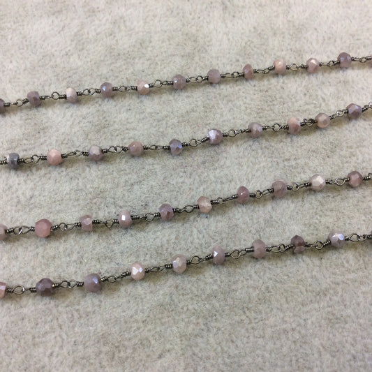 Gunmetal Plated Copper Rosary Chain with Faceted 3-4mm Rondelle Shaped Mystic Coated Pink/Mauve Moonstone Beads - Sold Per Ft - CH144-GM