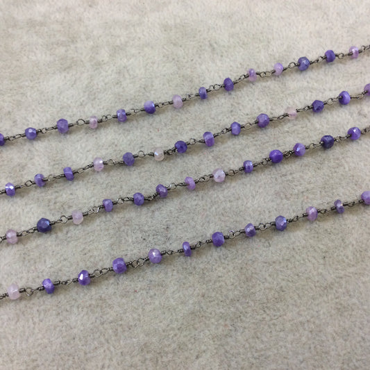 Gunmetal Plated Copper Rosary Chain with Faceted 3-4mm Rondelle Shaped Mystic Coated Lilac/Purple Moonstone Beads - Sold Per Ft - CH145-GM