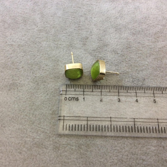 One Pair of Lime Green Synthetic Cat's Eye Square Shaped Gold Plated Stud Earrings with NO ATTACHED Jump Rings - Measuring 10mm x 10mm