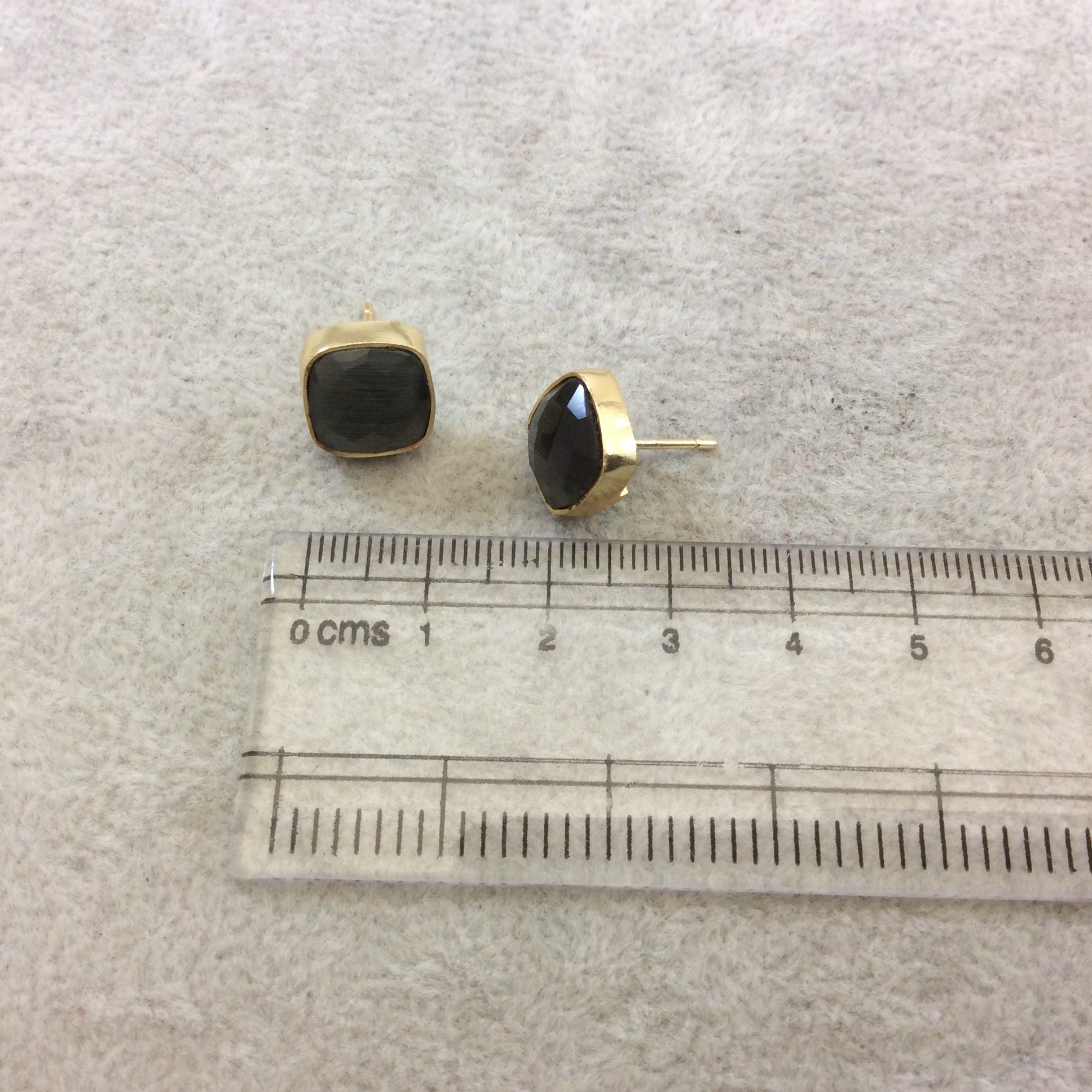 One Pair of Charcoal Gray Synthetic Cat's Eye Square Shaped Gold Plated Stud Earrings with NO ATTACHED Jump Rings - Measuring 10mm x 10mm