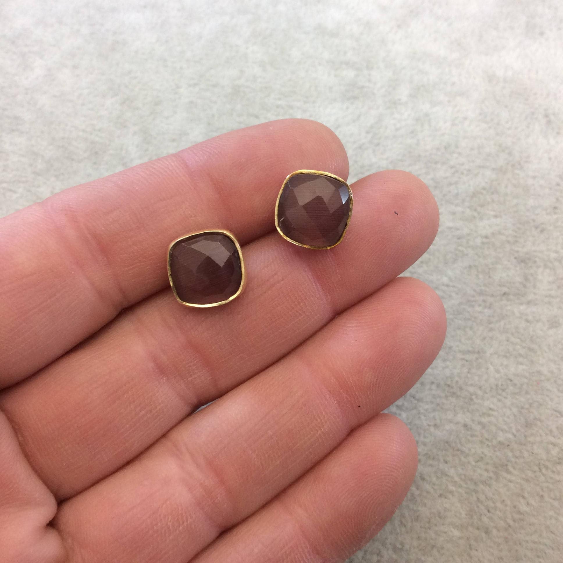 One Pair of Amethyst Synthetic Cat's Eye Square Shaped Gold Plated Stud Earrings with NO ATTACHED Jump Rings - Measuring 10mm x 10mm