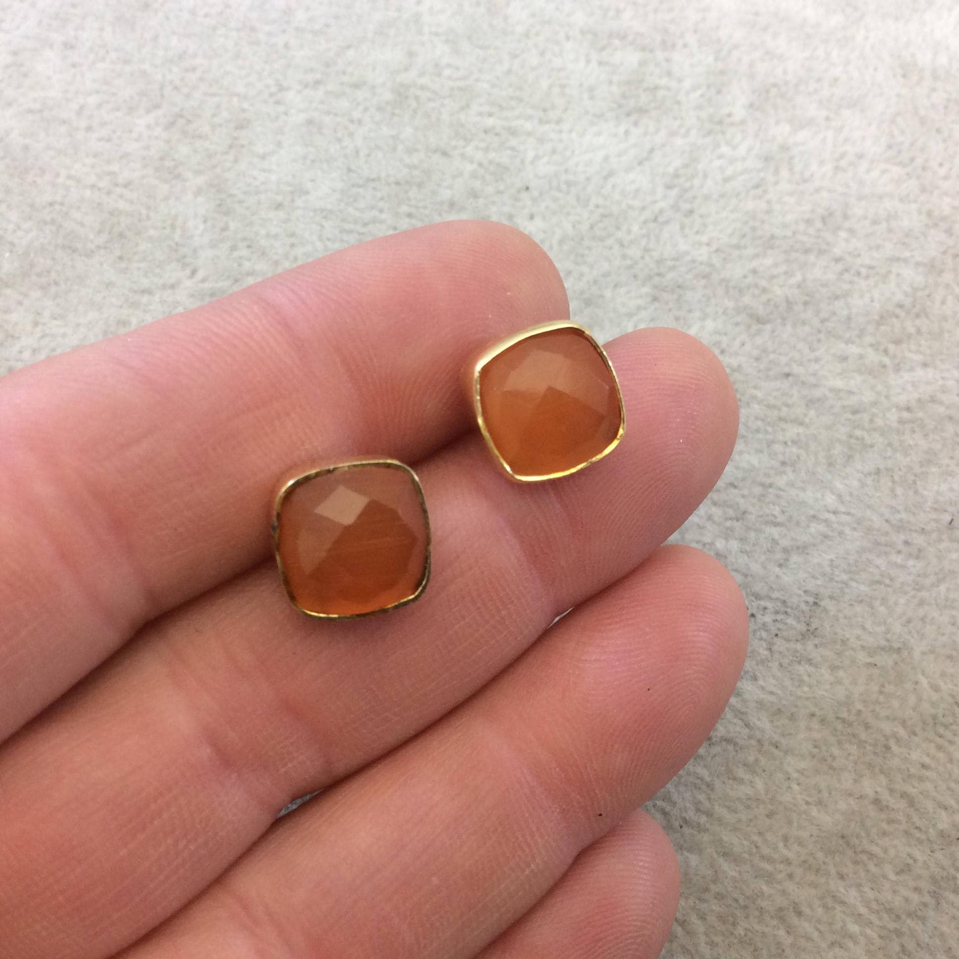 One Pair of Burnt Orange Synthetic Cat's Eye Square Shaped Gold Plated Stud Earrings with NO ATTACHED Jump Rings - Measuring 10mm x 10mm