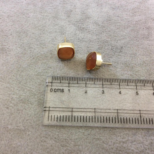 One Pair of Burnt Orange Synthetic Cat's Eye Square Shaped Gold Plated Stud Earrings with NO ATTACHED Jump Rings - Measuring 10mm x 10mm