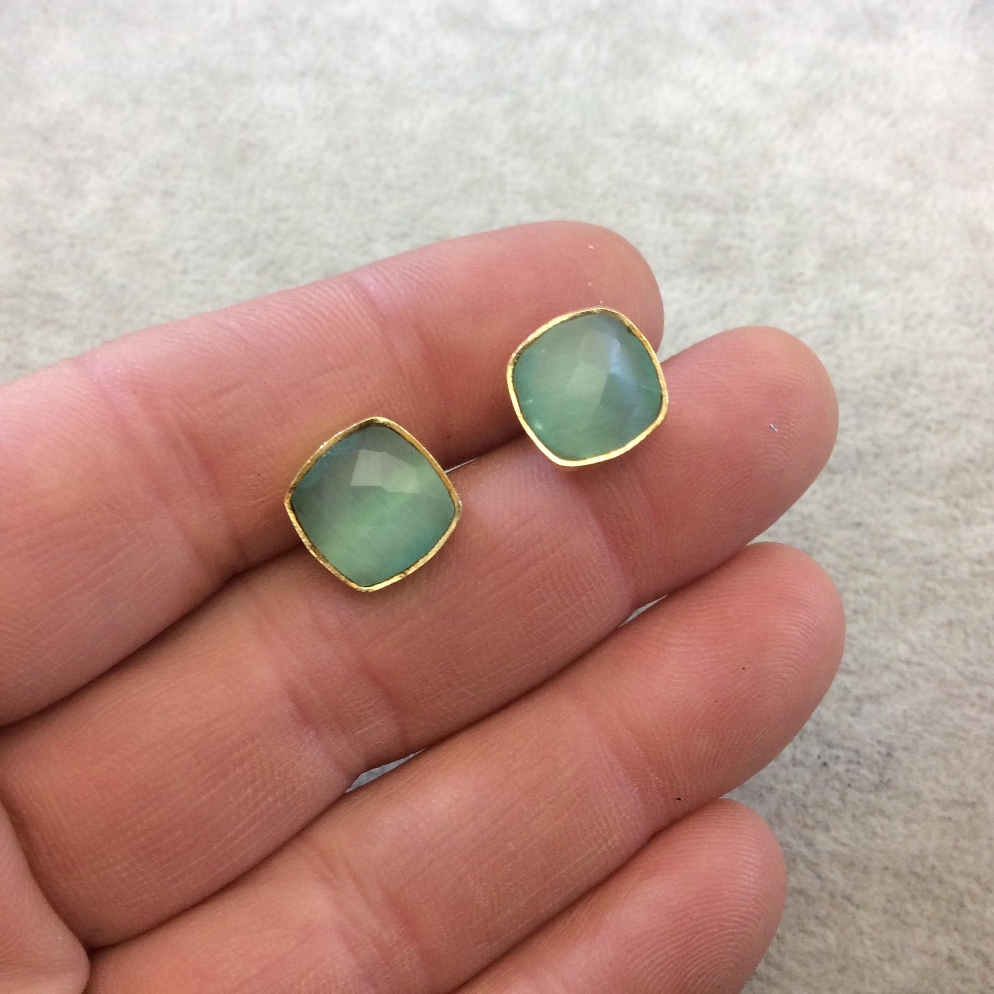 One Pair of Seafoam Green Synthetic Cat's Eye Square Shaped Gold Plated Stud Earrings with NO ATTACHED Jump Rings - Measuring 10mm x 10mm