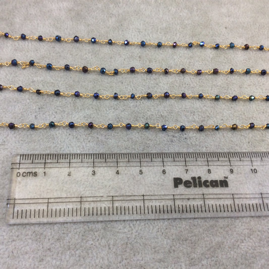 Gold Plated Copper Rosary Chain with Faceted 3-4mm Rondelle Shaped Rainbow Mystic Coated Black Spinel Beads - Sold Per Ft - (CH158-GD)