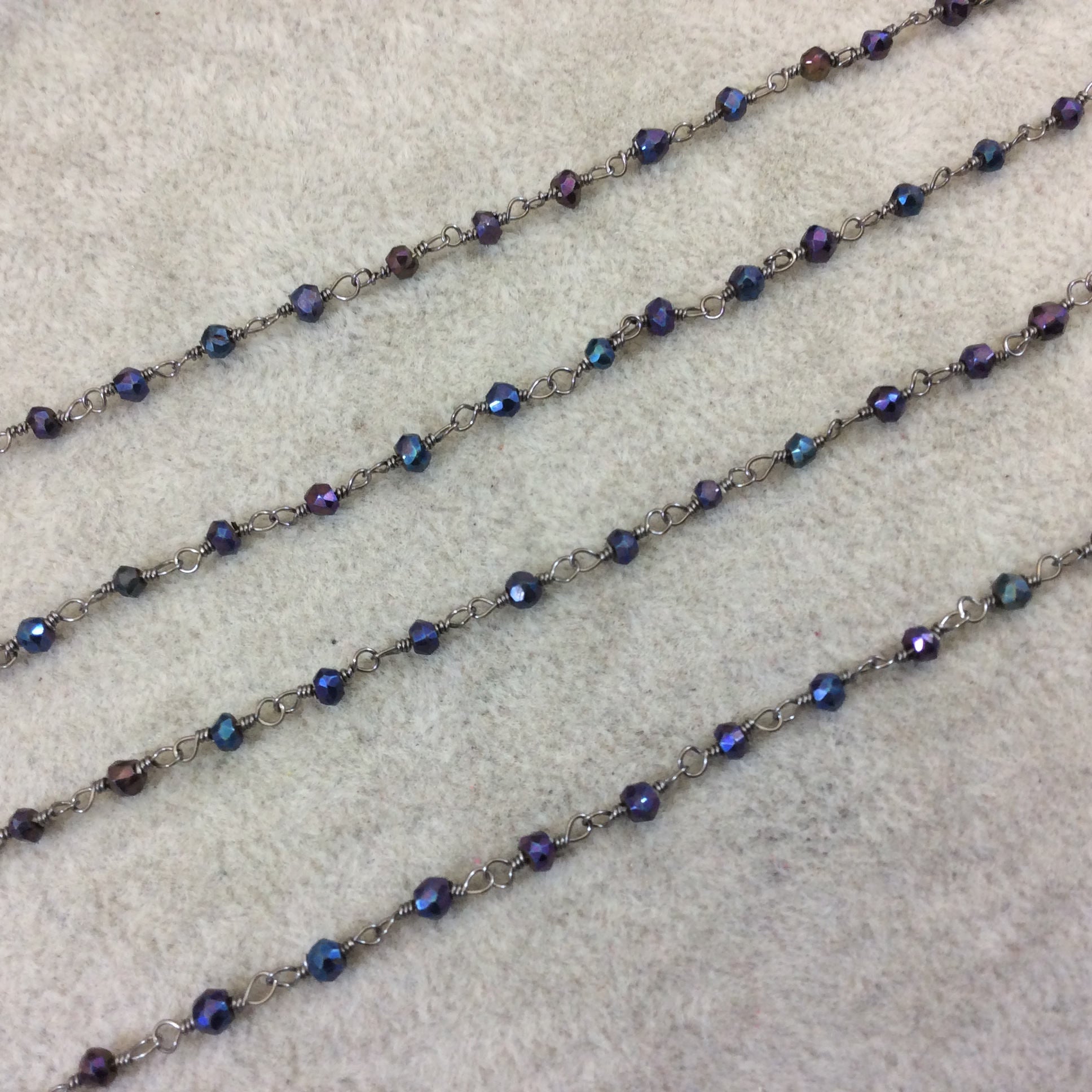 Gunmetal Plated Copper Rosary Chain with Faceted 3-4mm Rondelle Shaped Rainbow Mystic Coated Black Spinel Beads - Sold Per Ft - (CH158-GM)