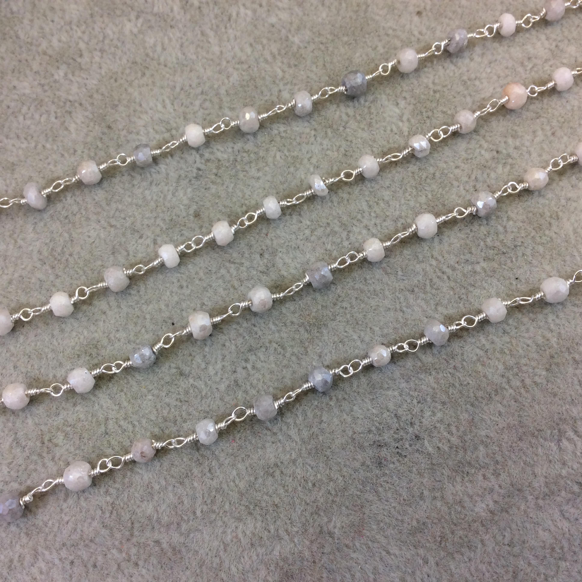 Silver Plated Copper Rosary Chain with Faceted 3-4mm Rondelle Shaped Mystic Coated White Quartz Beads - Sold Per Ft - (CH156-SV)