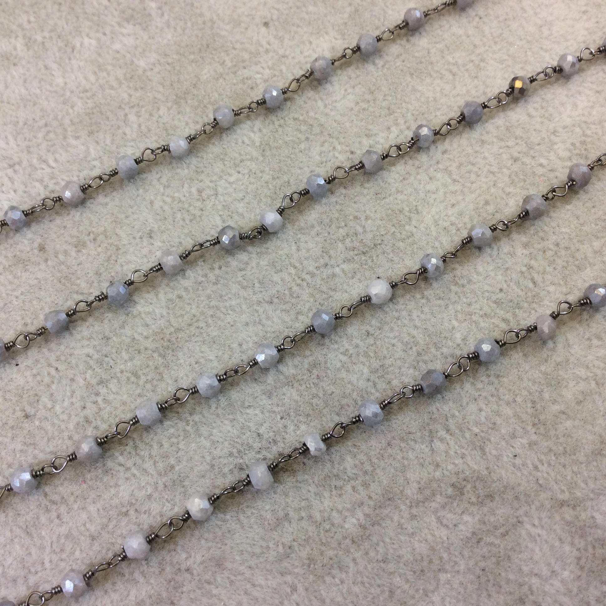 Gunmetal Plated Copper Rosary Chain with Faceted 3-4mm Rondelle Shaped Mystic Coated Gray Quartz Beads - Sold Per Ft - (CH151-GM)