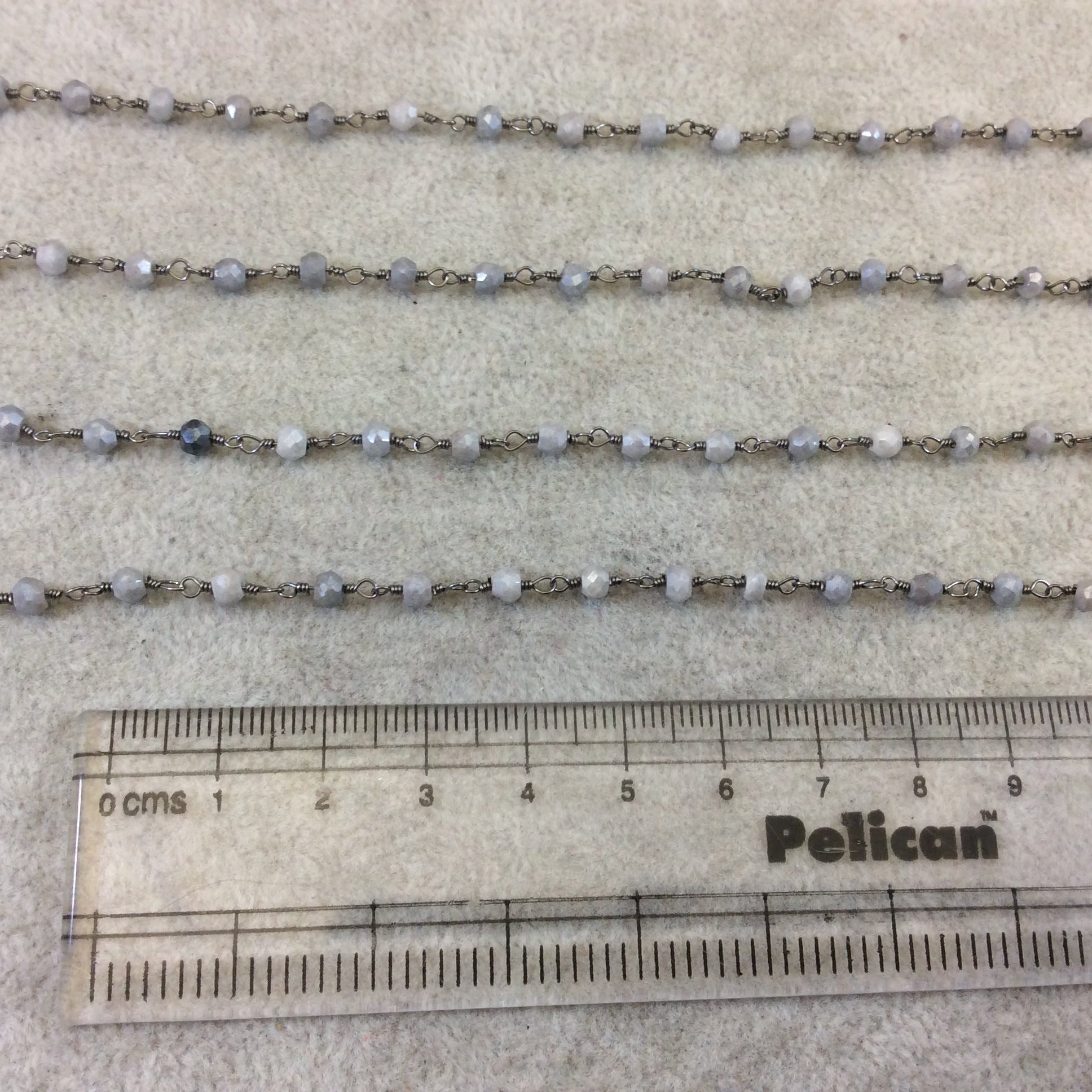 Gunmetal Plated Copper Rosary Chain with Faceted 3-4mm Rondelle Shaped Mystic Coated Gray Quartz Beads - Sold Per Ft - (CH151-GM)