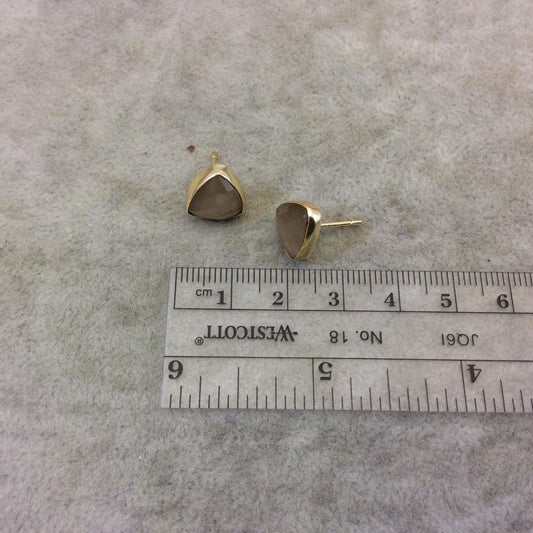 One Pair of Putty Brown Synthetic Cat's Eye Triangle Shaped Gold Plated Stud Earrings with NO ATTACHED Jump Rings - Measuring 10mm x 10mm