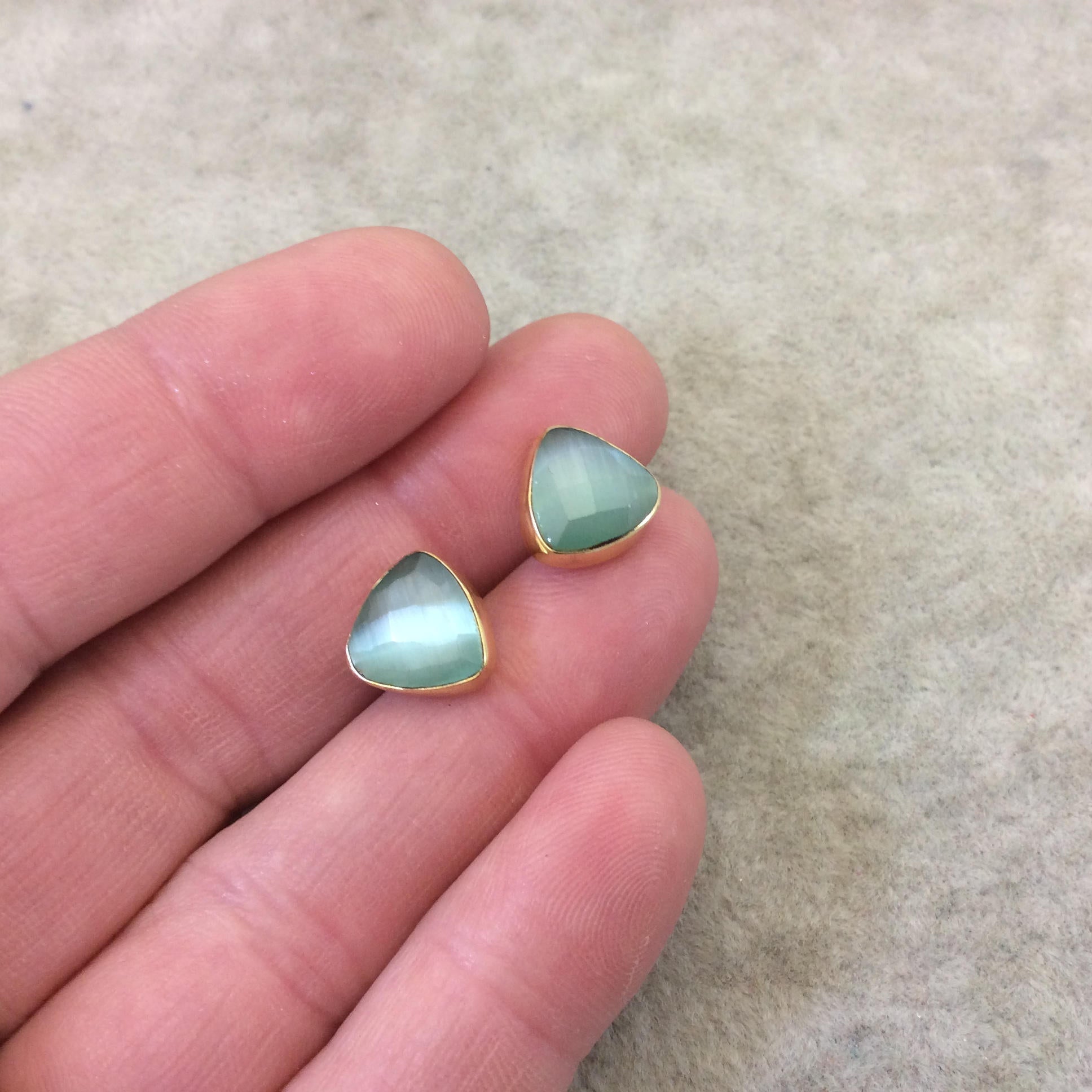 One Pair of Seafoam Green Synthetic Cat's Eye Triangle Shaped Gold Plated Stud Earrings with NO ATTACHED Jump Rings - Measuring 10mm x 10mm