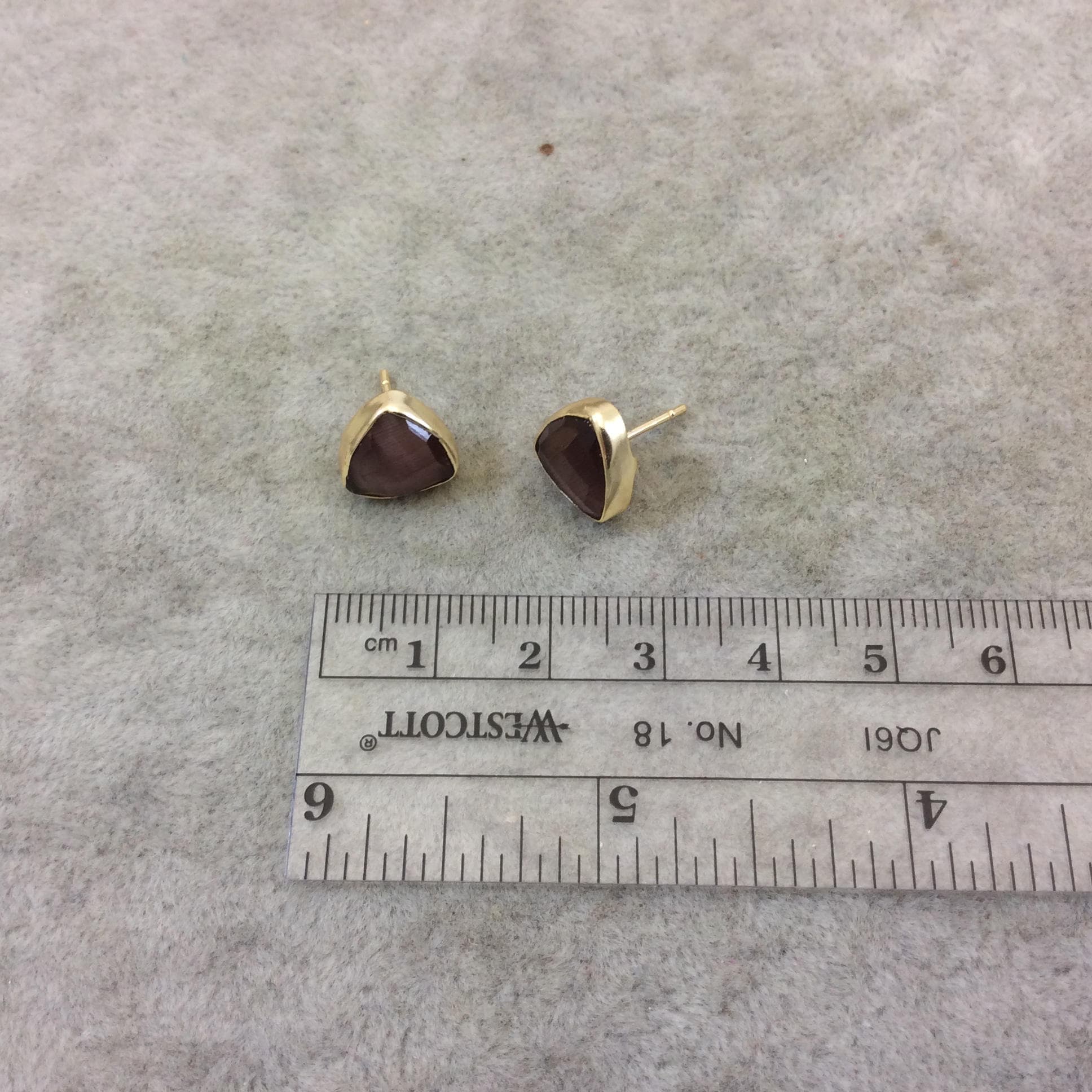 One Pair of Amethyst Synthetic Cat's Eye Triangle Shaped Gold Plated Stud Earrings with NO ATTACHED Jump Rings - Measuring 10mm x 10mm