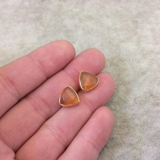 One Pair of Burnt Orange Synthetic Cat's Eye Triangle Shaped Gold Plated Stud Earrings with NO ATTACHED Jump Rings - Measuring 10mm x 10mm