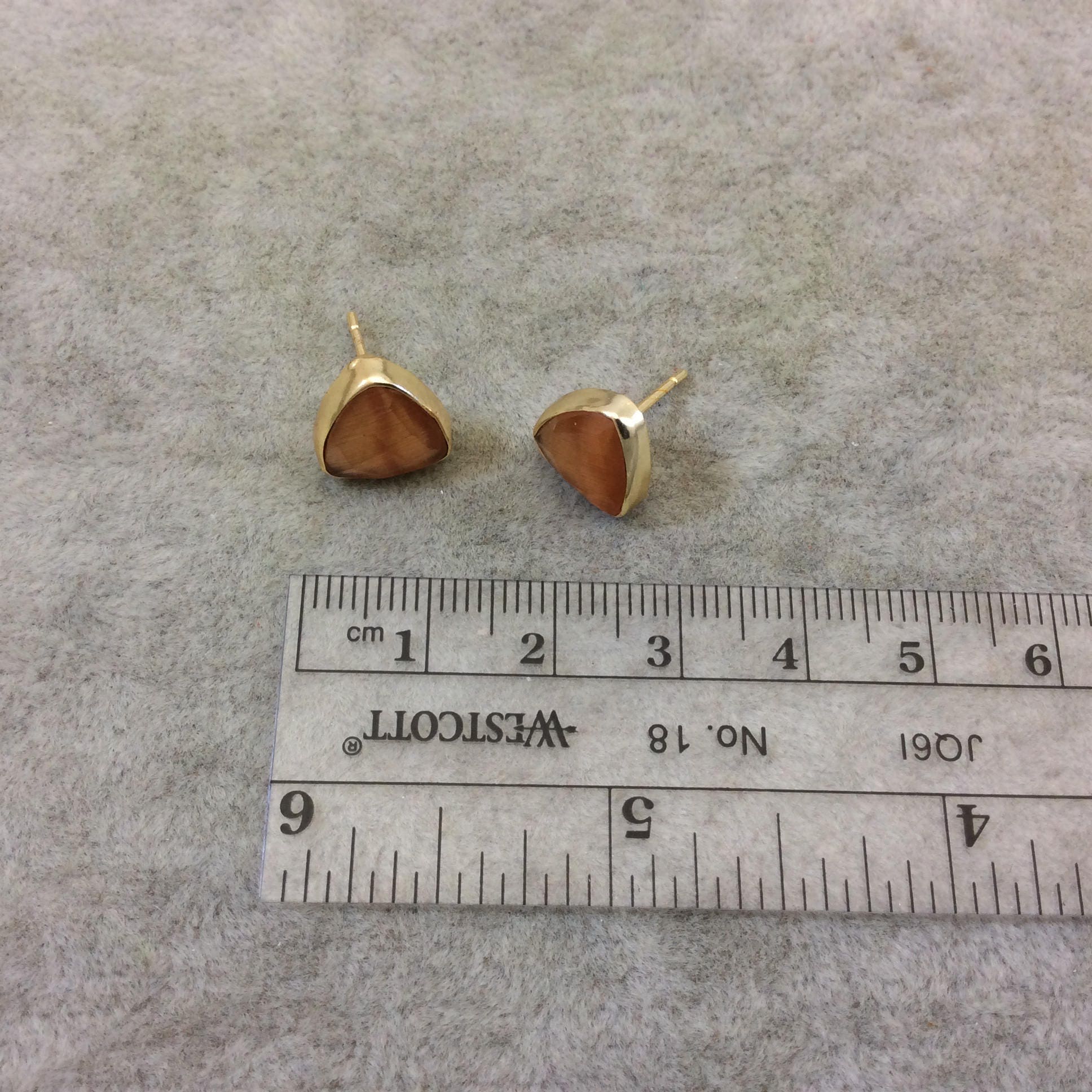 One Pair of Burnt Orange Synthetic Cat's Eye Triangle Shaped Gold Plated Stud Earrings with NO ATTACHED Jump Rings - Measuring 10mm x 10mm