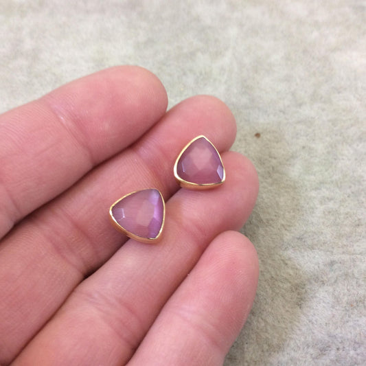 One Pair of Rose Pink Synthetic Cat's Eye Triangle Shaped Gold Plated Stud Earrings with NO ATTACHED Jump Rings - Measuring 10mm x 10mm