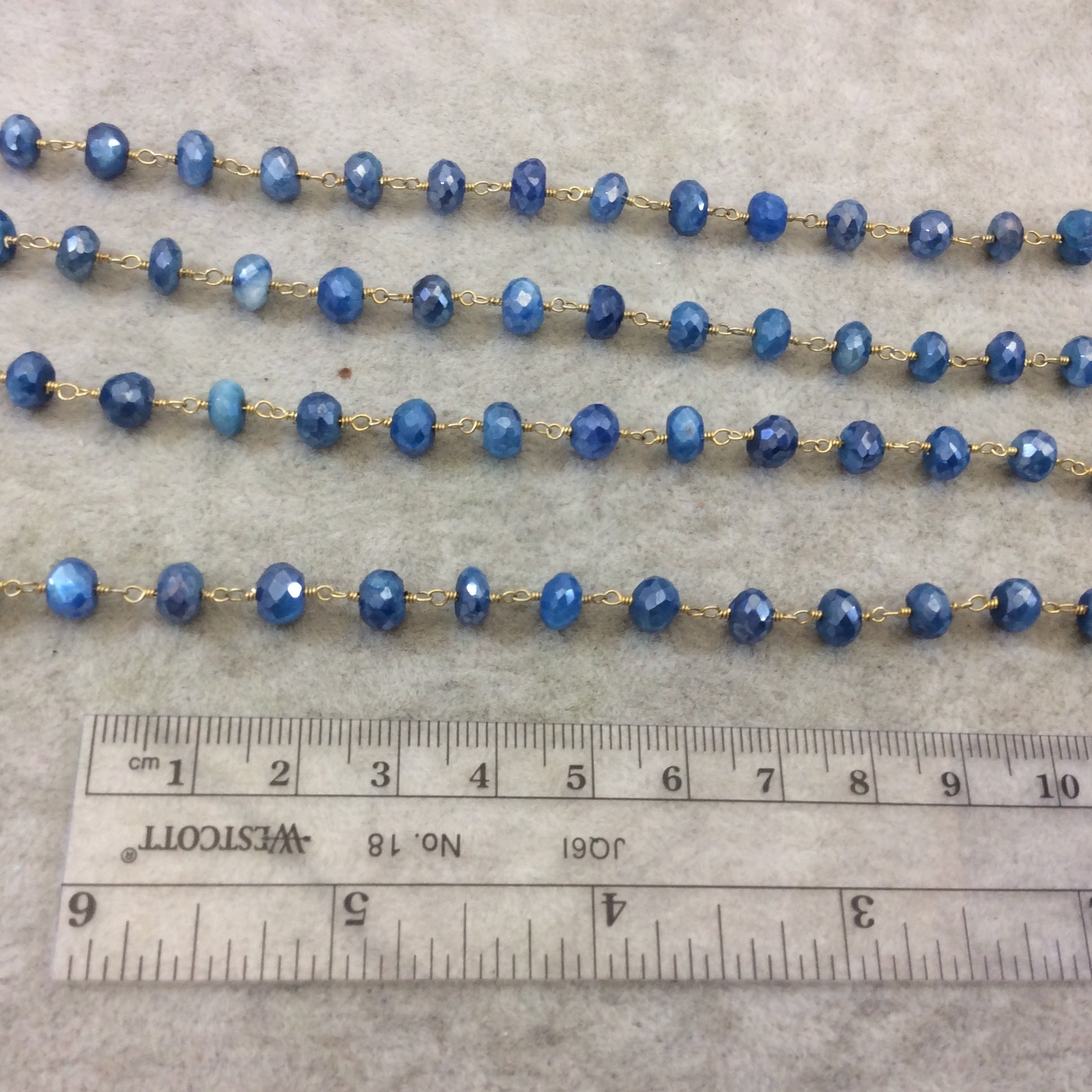 Gold Plated Copper Rosary Chain with Faceted 4mm x 6mm Rondelle Shape Mystic Medium Blue Moonstone Beads - Sold Per Ft - (CH331-GD)