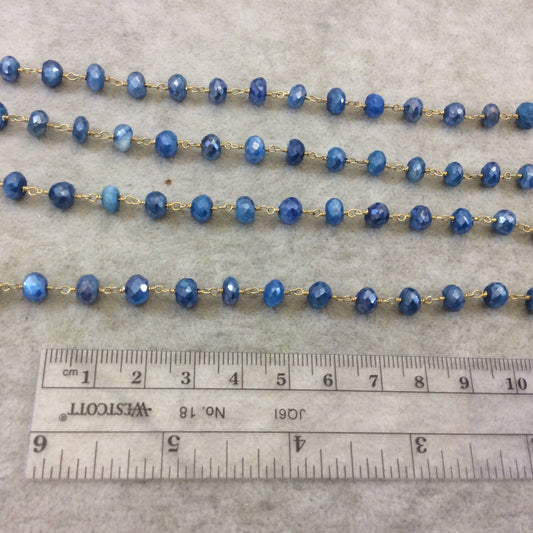 Gold Plated Copper Rosary Chain with Faceted 4mm x 6mm Rondelle Shape Mystic Medium Blue Moonstone Beads - Sold Per Ft - (CH331-GD)