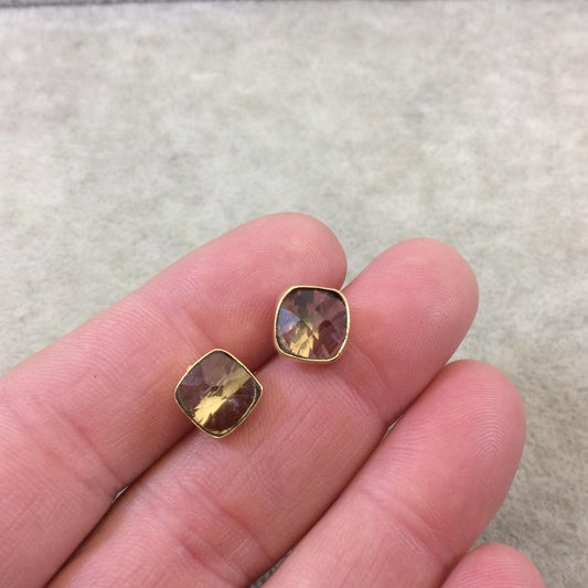 One Pair of Gold/Gray Smoky Quartz Square Shaped Gold Plated Stud Earrings with NO ATTACHED Jump Rings - ~ 8mm x 8mm - Natural Gemstone!