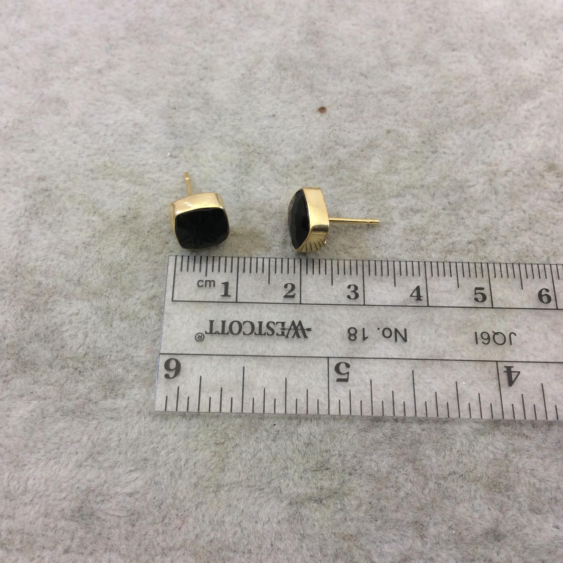 One Pair of Deep Black Onyx Square Shaped Gold Plated Stud Earrings with NO ATTACHED Jump Rings - Measuring 8mm x 8mm - Natural Gemstone!