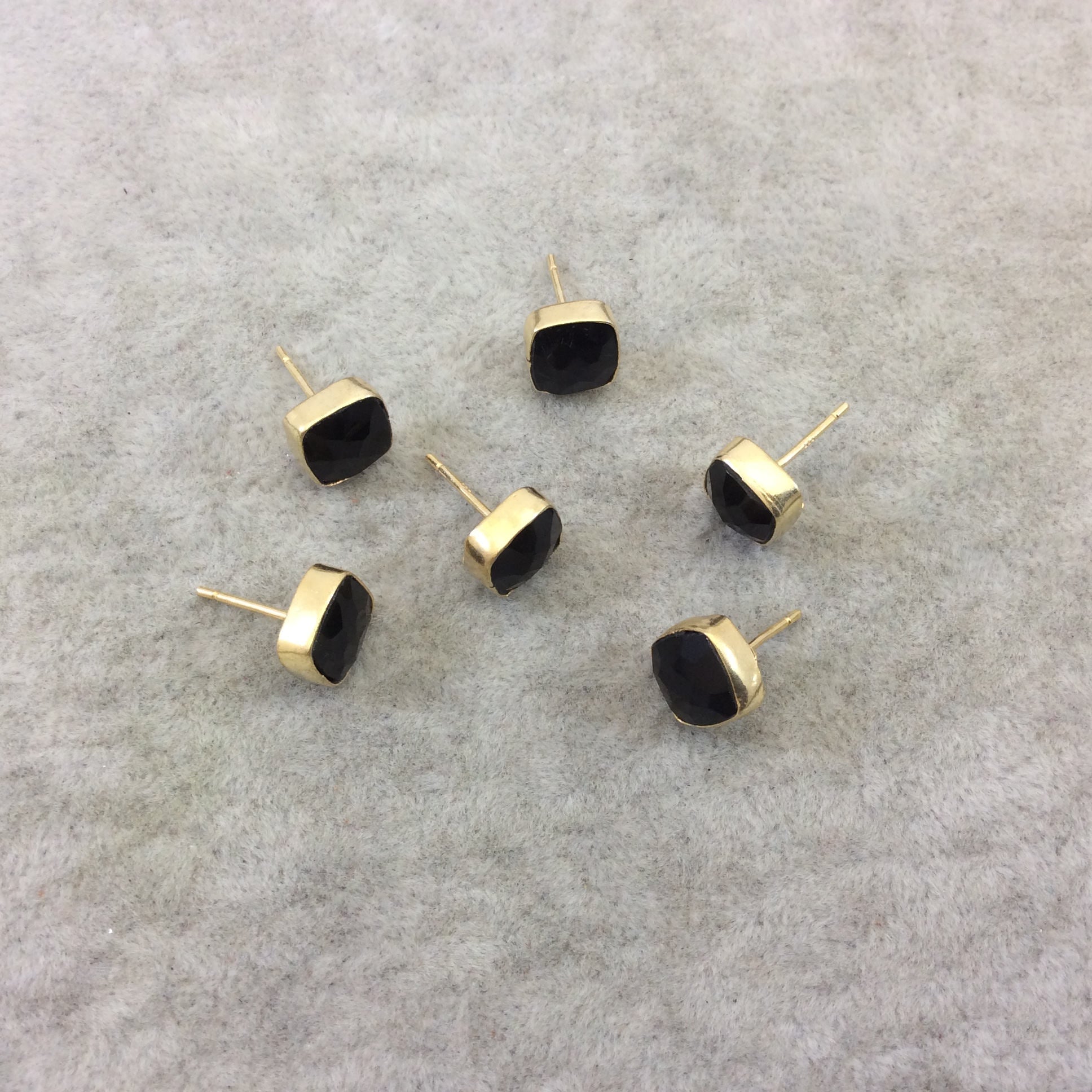 One Pair of Deep Black Onyx Square Shaped Gold Plated Stud Earrings with NO ATTACHED Jump Rings - Measuring 8mm x 8mm - Natural Gemstone!