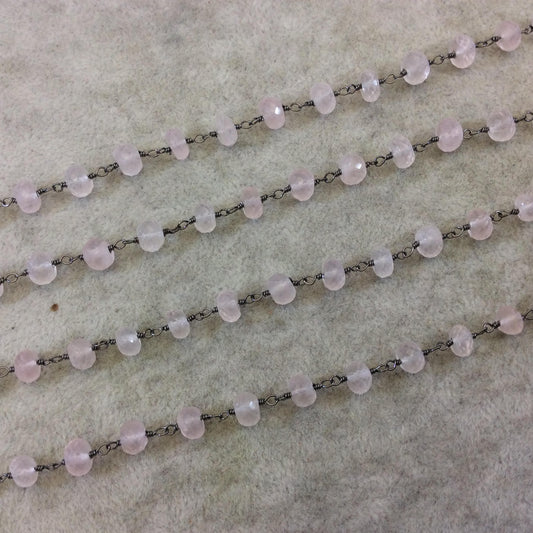 Gunmetal Plated Copper Rosary Chain with Faceted 6mm Rondelle Shape Rose Quartz  Beads - Sold by the Foot (CH336-GM) Quality Gemstone!