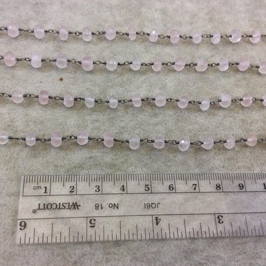 Gunmetal Plated Copper Rosary Chain with Faceted 6mm Rondelle Shape Rose Quartz  Beads - Sold by the Foot (CH336-GM) Quality Gemstone!