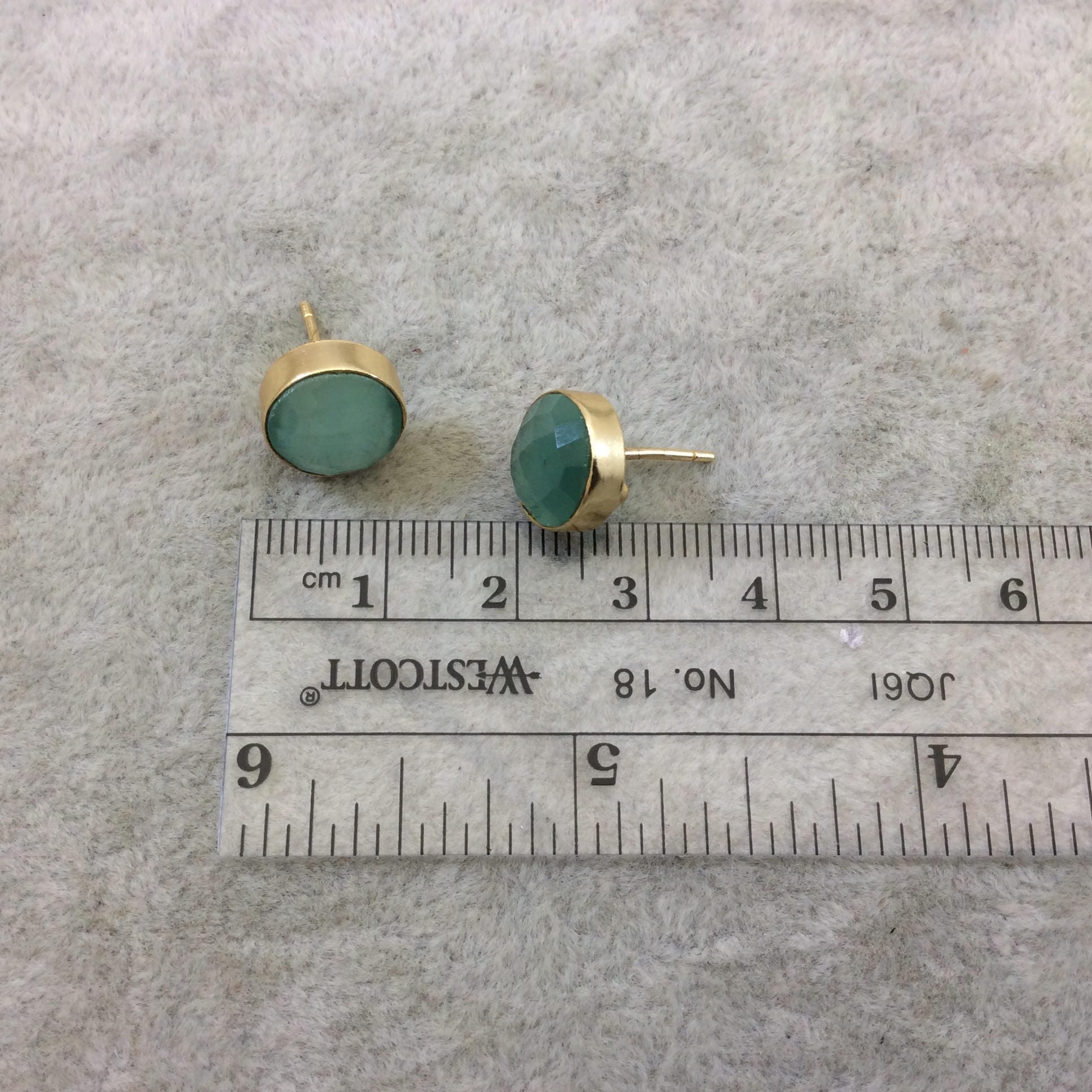 One Pair of Seafoam Green Synthetic Cat's Eye Round Shaped Gold Plated Stud Earrings with NO ATTACHED Jump Rings - Measuring 10mm x 10mm