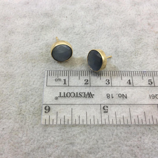 One Pair of Dark Gray Synthetic Cat's Eye Round Shaped Gold Plated Stud Earrings with NO ATTACHED Jump Rings - Measuring 10mm x 10mm