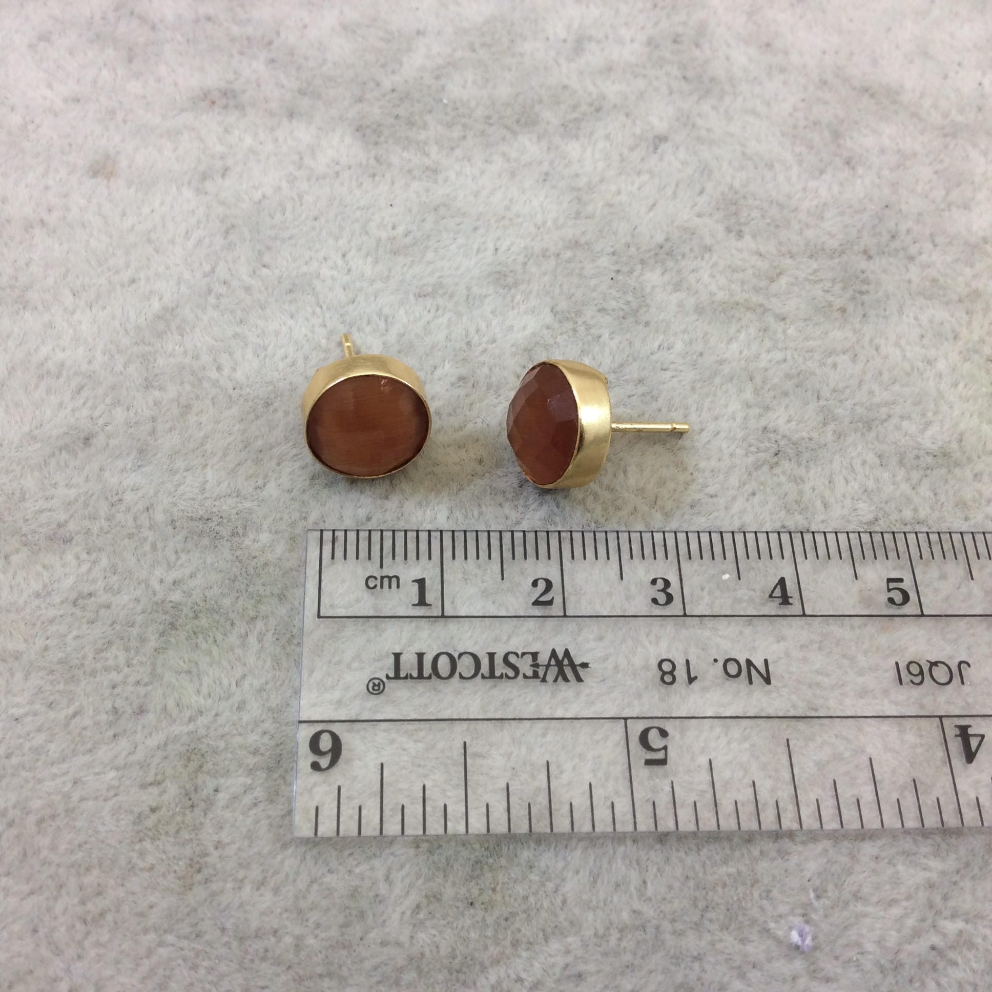 One Pair of Burnt Orange Synthetic Cat's Eye Round Shaped Gold Plated Stud Earrings with NO ATTACHED Jump Rings - Measuring 10mm x 10mm