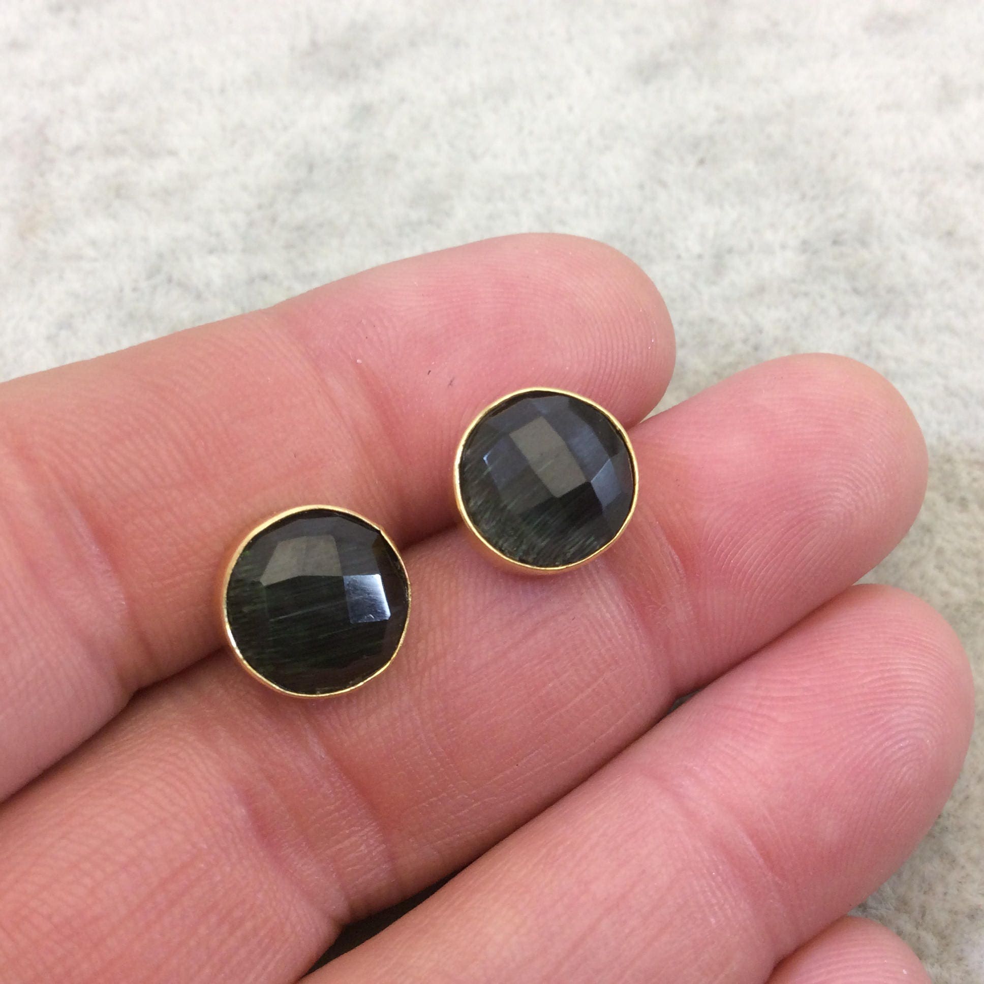 One Pair of Charcoal Gray Synthetic Cat's Eye Round Shaped Gold Plated Stud Earrings with NO ATTACHED Jump Rings - Measuring 10mm x 10mm