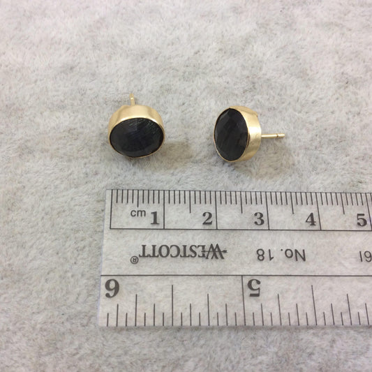 One Pair of Charcoal Gray Synthetic Cat's Eye Round Shaped Gold Plated Stud Earrings with NO ATTACHED Jump Rings - Measuring 10mm x 10mm