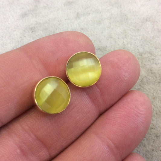 One Pair of Cadmium Yellow Synthetic Cat's Eye Round Shaped Gold Plated Stud Earrings with NO ATTACHED Jump Rings - Measuring 10mm x 10mm