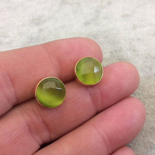 One Pair of Lime Green Synthetic Cat's Eye Round Shaped Gold Plated Stud Earrings with NO ATTACHED Jump Rings - Measuring 10mm x 10mm