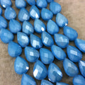 Chinese Crystal Beads | 13mm x 18mm Glossy Finish Faceted Opaque Sky Blue Teardrop Glass Beads