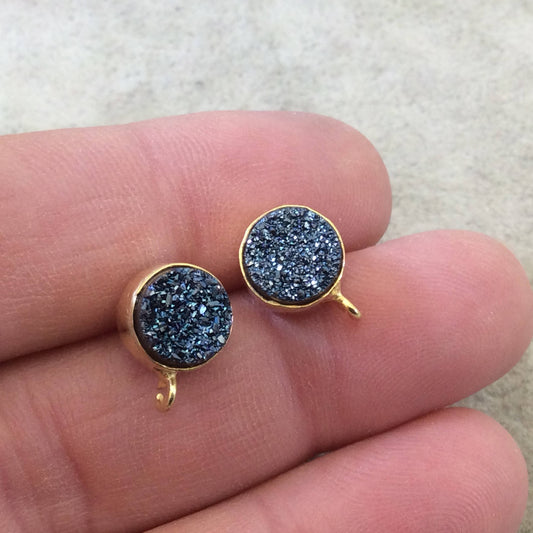 One Pair of Bright Blue Color Coated Natural Druzy Round Shaped Gold Plated Stud Earrings with Attached Jump Rings - Measuring 8mm x 8mm