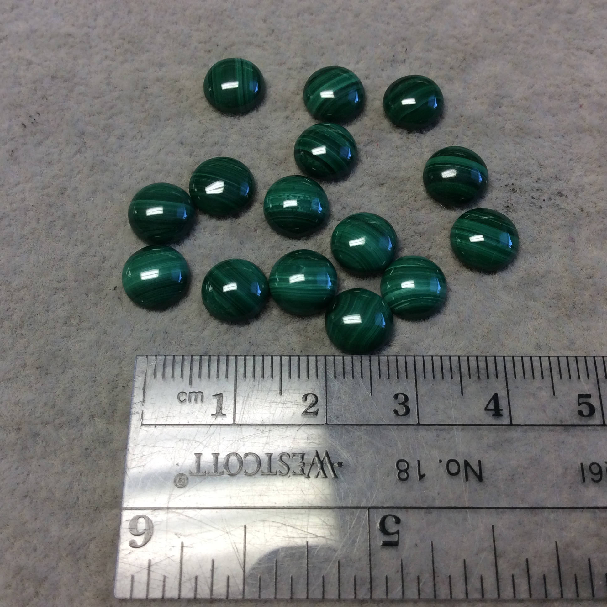 BULK LOT of Six (6) Assorted Round Shaped AAA Malachite Flat Back Cabochons - Measuring 8mm x 8mm, 3mm Dome Height - Randomly Selected