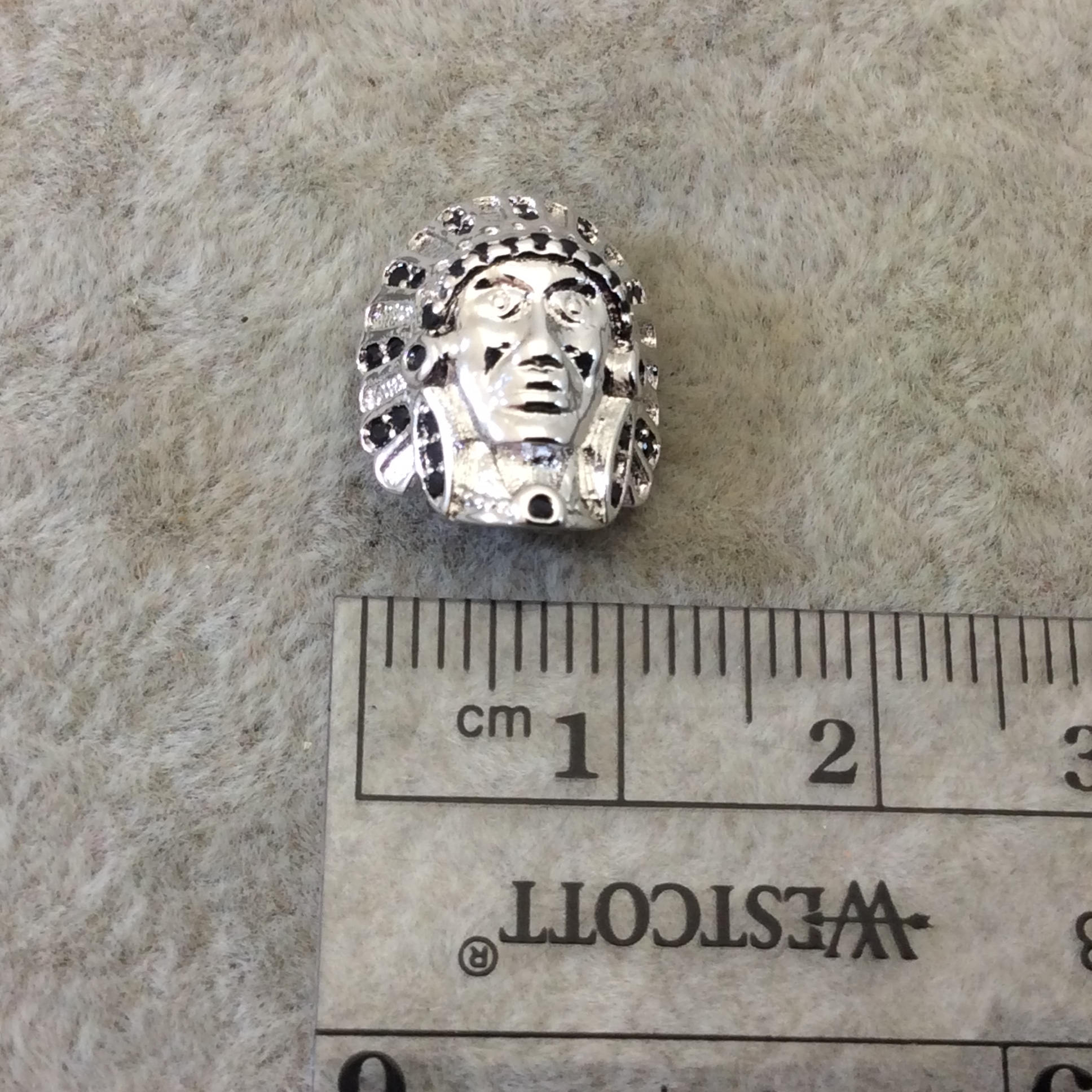 Silver Plated CZ Cubic Zirconia Inlaid Native American Head Shaped Bead Black CZ - Measures 13mm x 15mm, Approx. - Sold Individually, RANDOM