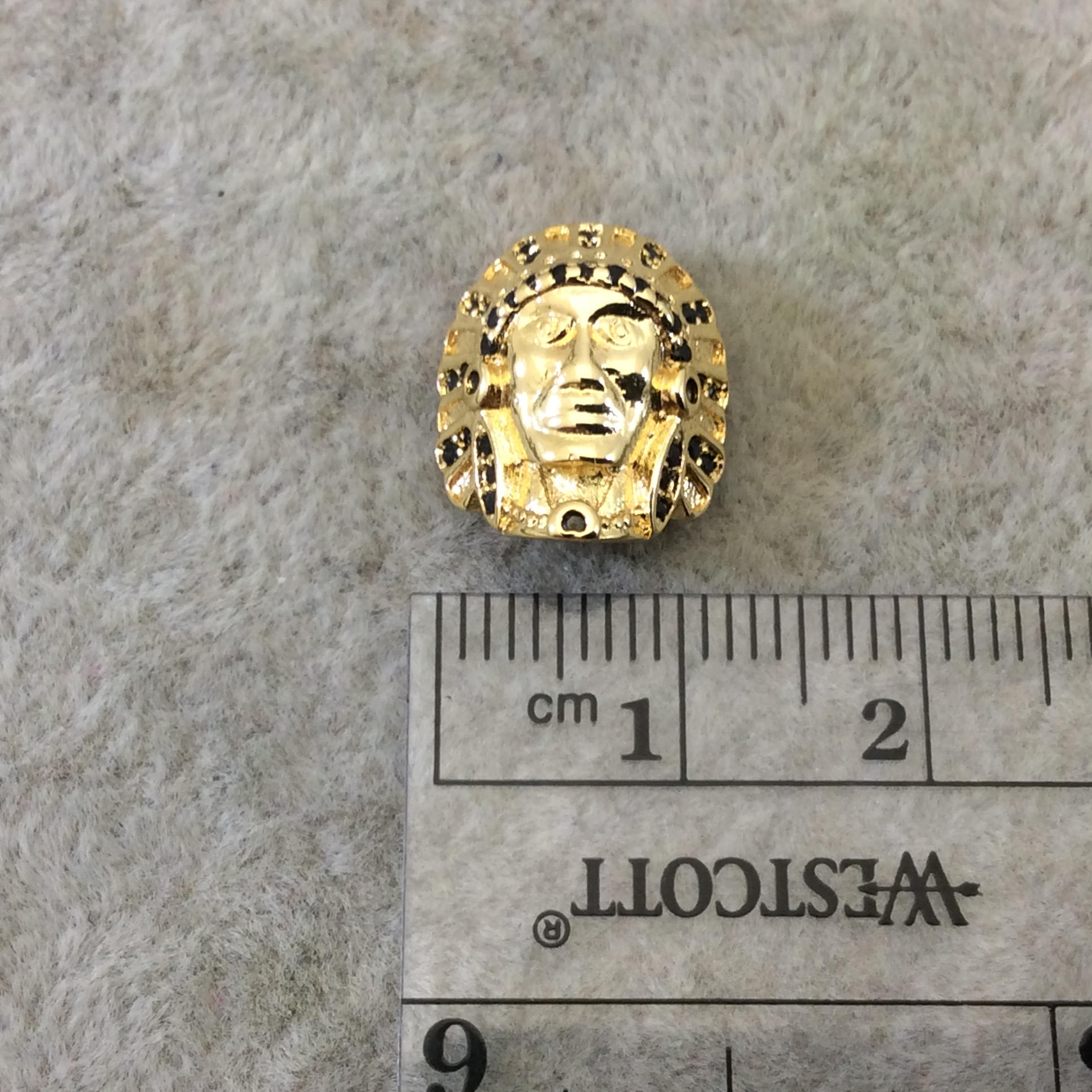 Gold Plated CZ Cubic Zirconia Inlaid Native American Head Shaped Bead Black CZ - Measures 13mm x 15mm, Approx. - Sold Individually, RANDOM