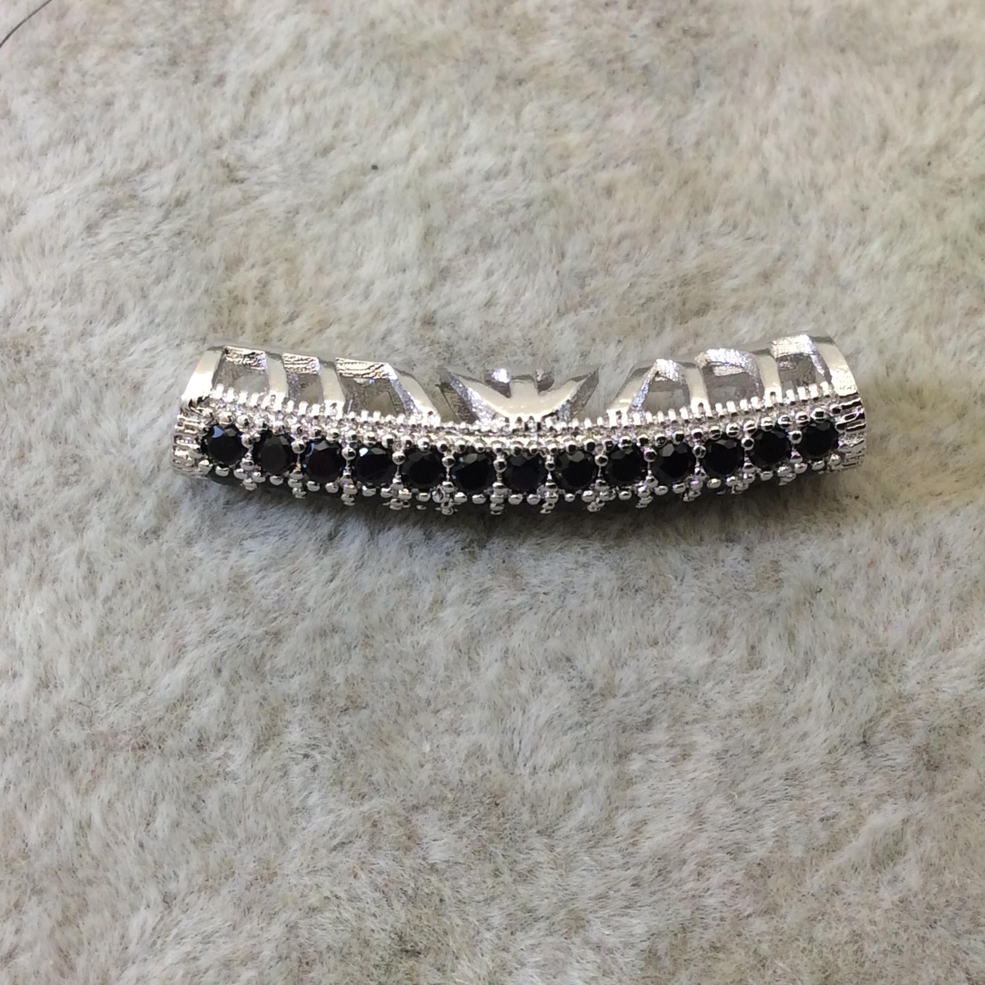 Silver Plated CZ Cubic Zirconia Inlaid Curved Tube/Macaroni Shaped Bead W Black CZ - Measures ~ 5mm x 26mm,  - Sold Individually, RANDOM