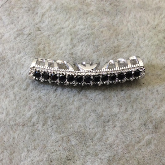 Silver Plated CZ Cubic Zirconia Inlaid Curved Tube/Macaroni Shaped Bead W Black CZ - Measures ~ 5mm x 26mm,  - Sold Individually, RANDOM