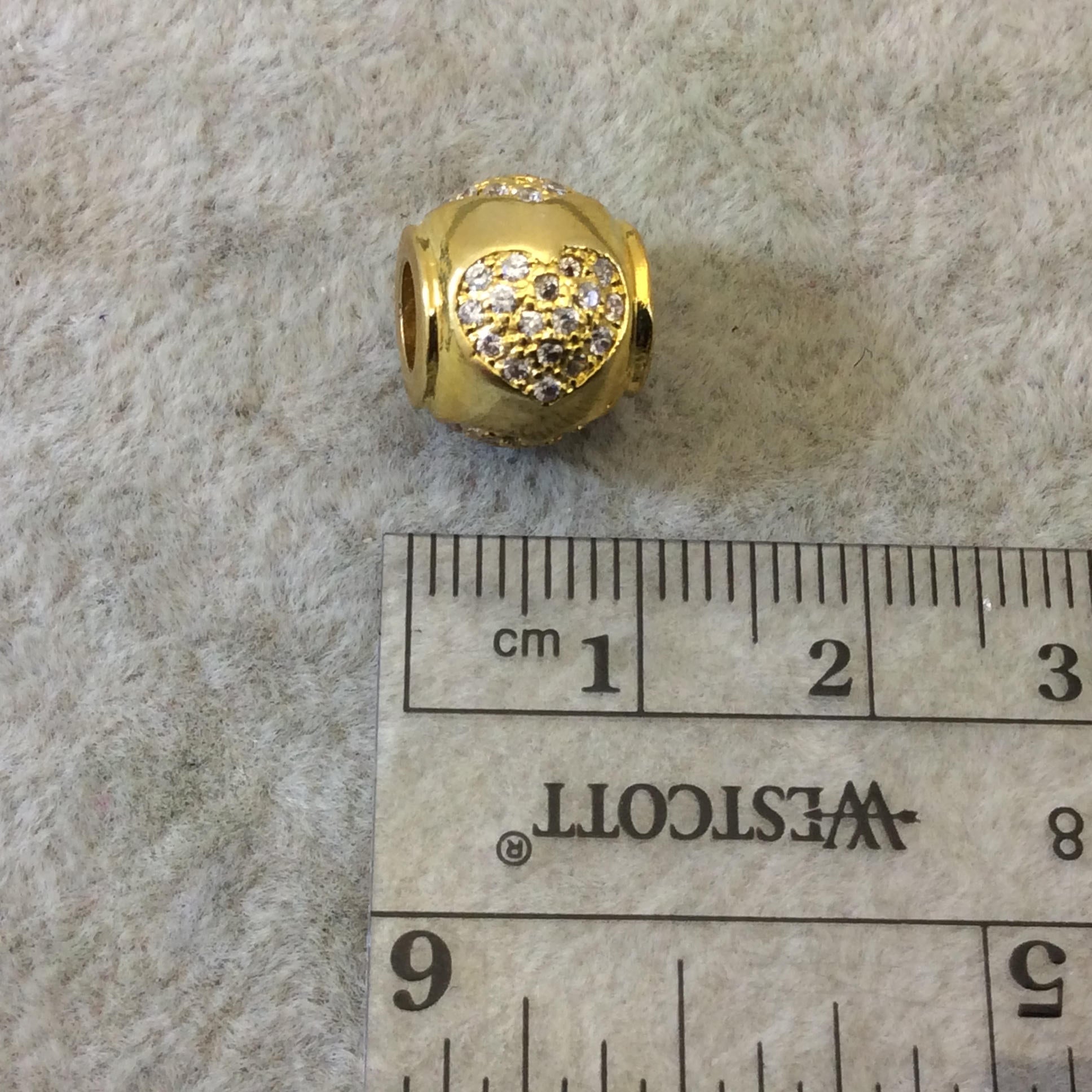 Gold Plated CZ Cubic Zirconia Inlaid Rolled Edge Rondelle Shaped Bead W White CZ Hearts -  ~ 9mm x 10mm,  - Sold Individually, Random