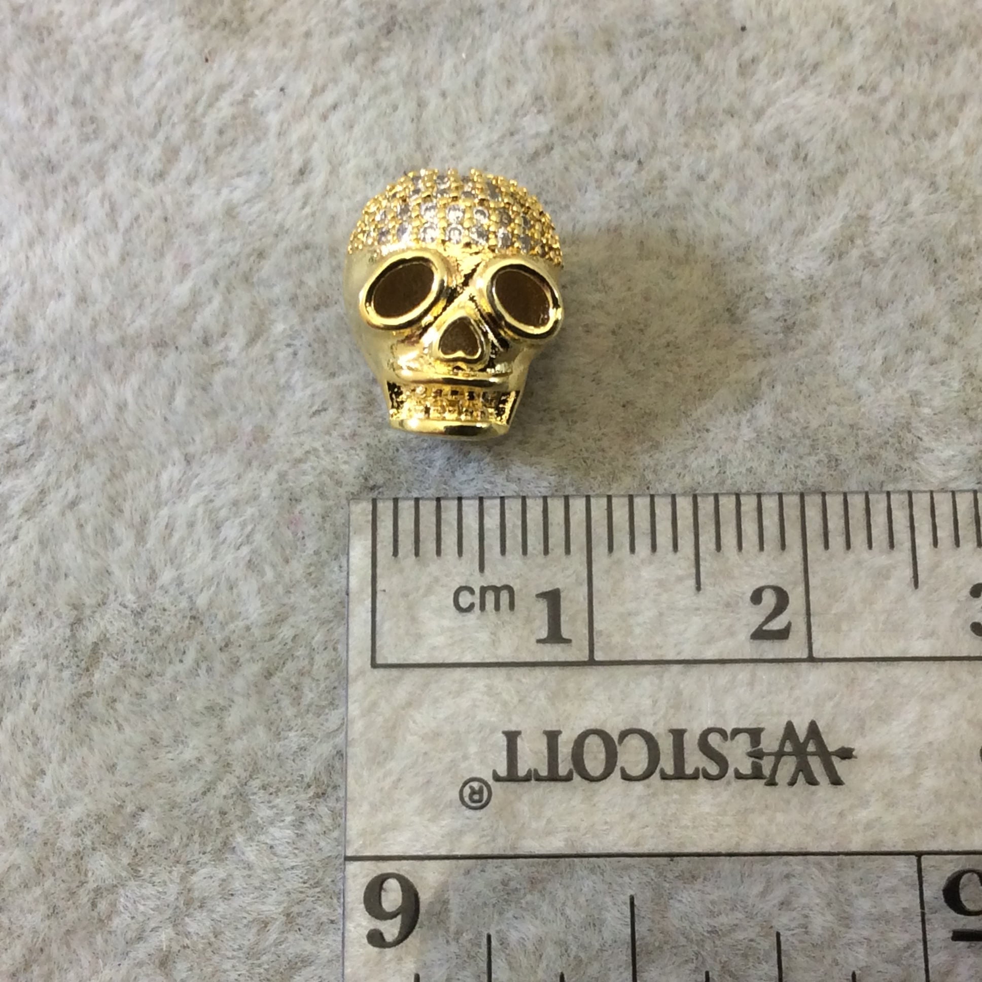 Gold Plated CZ Cubic Zirconia Inlaid Skull Mask/Ski Mask Shaped Bead With White CZ  -  ~ 9mm x 11mm,  - Sold Individually, Random